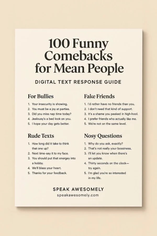 100 Funny Comebacks for Mean People – Digital Download Clapback Guide | Sassy, Classy & Polite Replies for Bullies, Rude Texts & Trolls