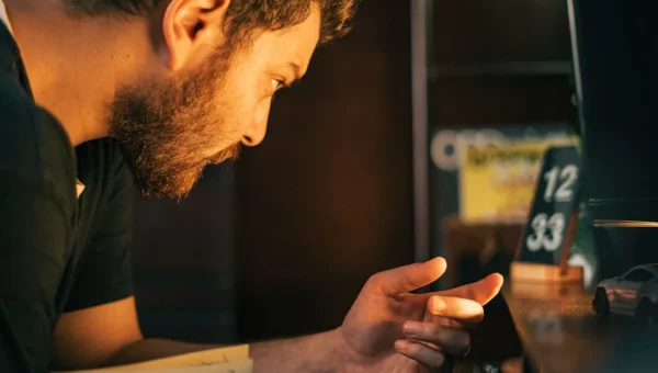 Person thoughtfully looking at their phone while considering how to reply to a text message request